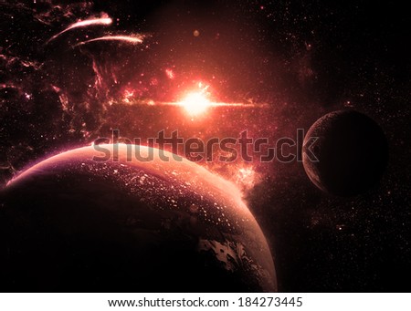Red Planet and Moon Over a glowing Star - Elements of this image furnished by NASA 