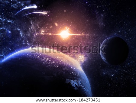 Dark Planet and Moon Over a glowing Star - Elements of this image furnished by NASA 