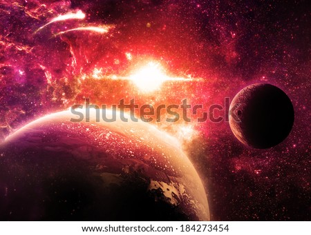 Golden Planet and Moon Over a glowing Star - Elements of this image furnished by NASA 