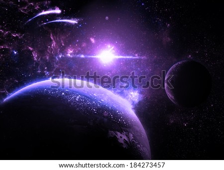 Purple Planet and Moon Over a glowing Star - Elements of this image furnished by NASA 