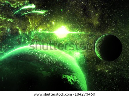 Green Planet and Moon Over a glowing Star - Elements of this image furnished by NASA 