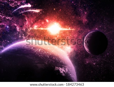Magenta Planet and Moon Over a glowing Star - Elements of this image furnished by NASA 