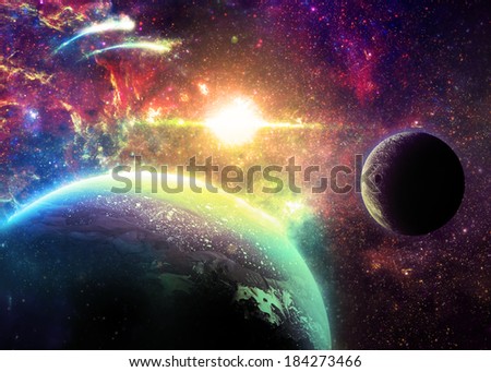 Colorful Planet and Moon Over a glowing Star - Elements of this image furnished by NASA 