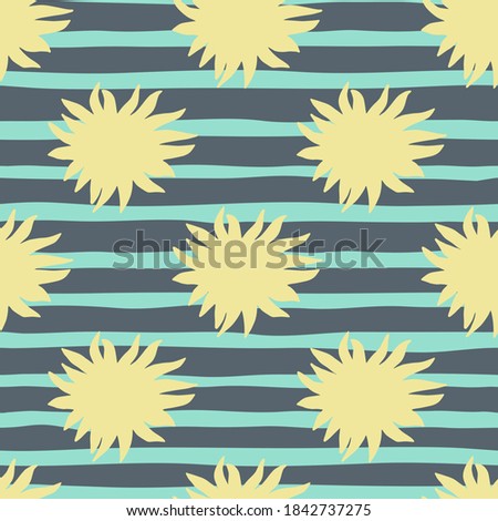 Light orange star elements seamless simple pattern. Navy blue and turquoise striped background. Cartoon design. Designed for fabric design, textile print, wrapping, cover. Vector illustration.