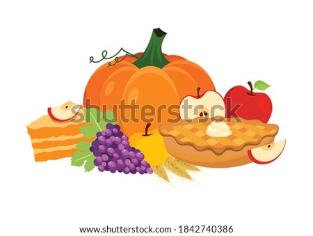 Traditional thanksgiving food with apple pie and pumpkin icon. Thanksgiving autumn harvest decoration icon isolated on a white background. Autumn food still life icon. Harvest festival illustration