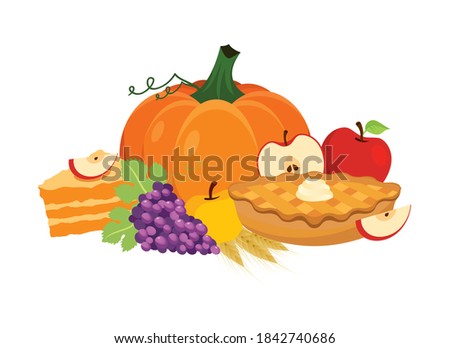 Traditional thanksgiving food with apple pie and pumpkin icon vector. Thanksgiving autumn harvest decoration icon isolated on a white background. Autumn food still life icon. Harvest festival clip art