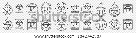 Label or stamp on food packaging. Labeling - Flavored. Information sticker. No flavors. No added flavor enchancers. Does not contain flavor enhancers. Vector illustration. Royalty-Free Stock Photo #1842742987