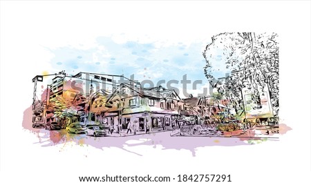 Building view with landmark of San Carlos de Bariloche is a town in Argentina. Watercolor splash with hand drawn sketch illustration in vector.