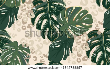 Leopard pattern, animal print seamless design greenery leaves jungle print. Monstera leaf clipart, Leopard natural pattern, cheetah safari decor. Exotica fabric pattern, floral textile decor vector