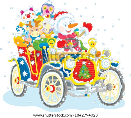 Smiling funny snowman driving a colorful old car with Christmas gifts for children on a snowy winter day, vector cartoon illustration isolated on a white background