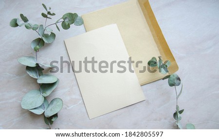 Greeting, post card, invitation card photo mock up on marble background with the eucalyptus.