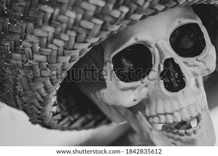 Black and white skeleton wearing a straw hat