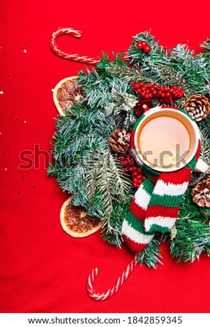 Christmas layout on a red background . New year's layout on a red background . Holiday. Holiday card. The view from the top. Christmas wreath. Fir-tree branches.