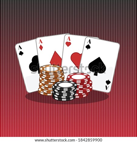 Casino poker cips and playing cards set vector illustration. Concept of casino and poker background and banner concept. Isometric cards and chips with red background.