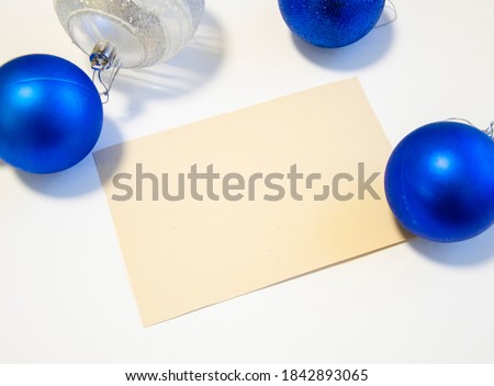 Greeting, postcard, invitation card photo mock up on white background with new year, Christmas decor.