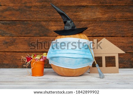 pumpkin with a medical face mask gourd, squash witch hat and bat wings. concept autumn holidays halloween and thanksgiving day during the COVID-19 pandemic