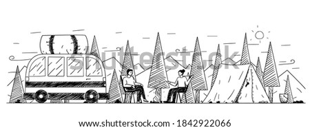 Campsite handdrawn illustration. Cartoon vector clip art of camping site and couple resting in nature with a tent. Black and white sketch of a van, trees, natural environment, tourism, campground