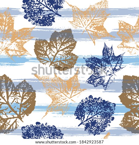 Leaf paint imprints. Seamless pattern, colorful background. Mixed media artwork.
