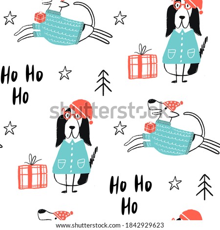 Ho ho ho - Christmas seamless pattern with dogs in santa hat, gift box and lettering.
