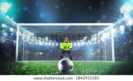 Soccer goalie ready to save a penalty kick at the stadium Royalty-Free Stock Photo #1842931585