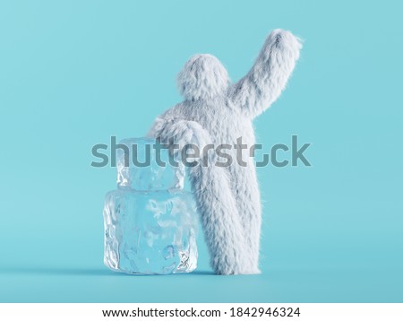 3d render, white hairy yeti stands near big ice cubes, bigfoot cartoon character. Winter clip art isolated on mint blue background