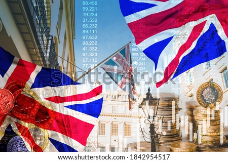Great Britain flag, stock market graphic background on financial market trade chart Royalty-Free Stock Photo #1842954517