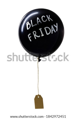 Black hot air balloon with white Black Friday lettering and attached price tag, isolated on white background. Vertical