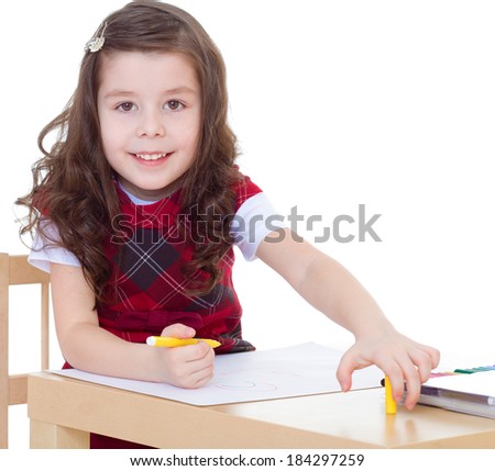 Kids,girl,kid,child- ids drawing with crayons.  Isolated on white background.