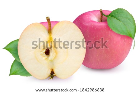 Fresh Pink Apple with leaf on white background, Fuji Apple isolated on white background. With clipping path.