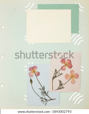 Page from an old photo album. Flowers eschscholzia. Scrapbooking element decorated with leaves, flowers and petals flowers. For cards, invitations und congratulations. Use in scrapbooking, greetings.