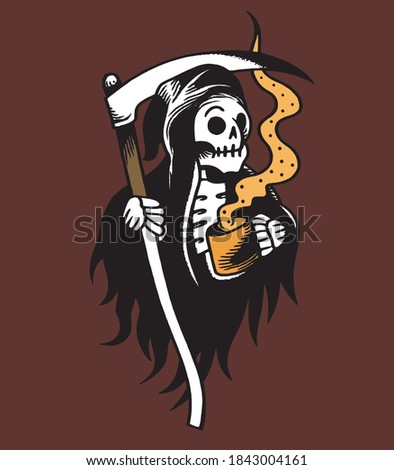 Death with coffee cup vector illustration in old school style