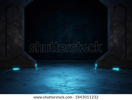 Empty dark room, Modern Futuristic Sci Fi Background. 3D illustration Royalty-Free Stock Photo #1843011232