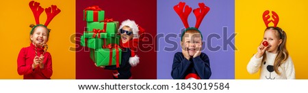Merry Christmas! Happy children in a Santa hat, reindeer horns with gifts and candy on a multi-color background, collage. Yellow, red, purple backgrounds.
