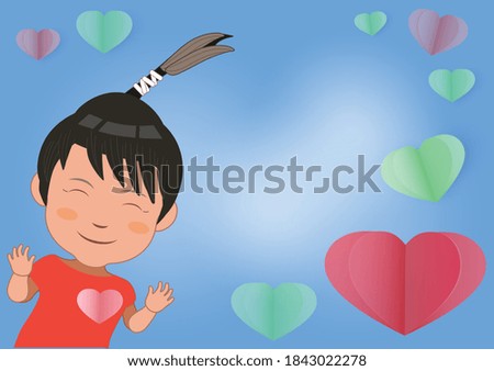 Cute smiling child. Valentine's Day, Creative paper cut heart decorated pink background
