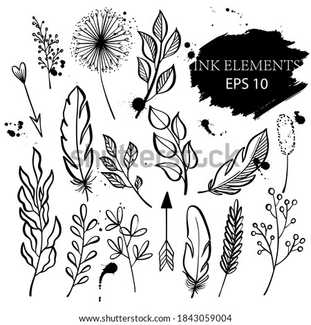 Hand drawn ink sketch floral elements, arrows, stains and splashes. Vector set.	