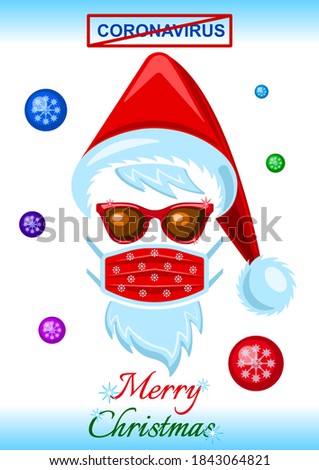 Coronavirus, headdress of Santa Claus, sunglasses and medical mask isolated on a white background. Flat cartoon design vector, illustration. 