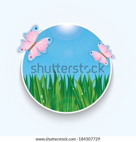 Summer background with green grass and blue sky and colorful butterflies