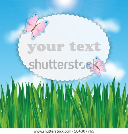 Frame for your text with colorful butterflies on a background of blue sky and green grass