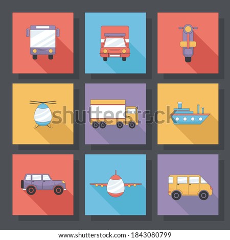 Different transport for travel. Colored flat transport icons for travel. Airplane, Public Bus, Train, Ship, Ferry and Auto Signs. 12 icons in flat style  on the theme of transport. Vector illustration