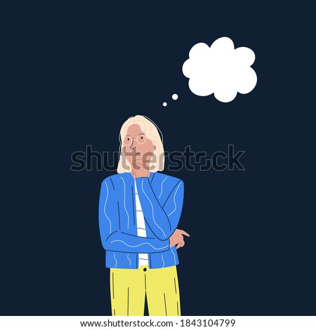 Young woman with thinking bubble make decision or choosing, brainstorming. Trendy person in flat cartoon style. Vector illustration. 