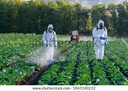 Farmer and Agronomist spraying pesticide on field with Harvest. Royalty-Free Stock Photo #1843140232