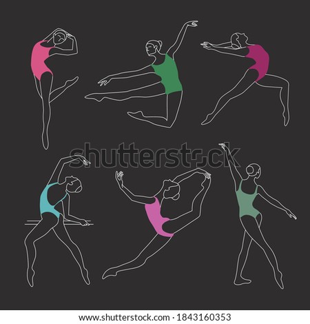A collection of graceful ballet gymnasts, in leotards of different colors - green, pink, blue, on a dark gray background. Vector contour illustrations of sports girls with different movements.