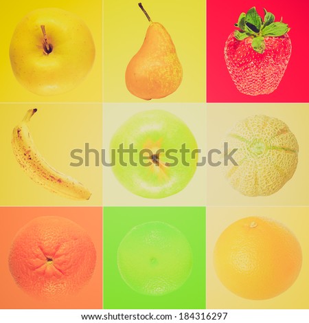 Vintage retro looking Fruits collage including apple pear strawberry banana melon orange lime lemon over colour background
