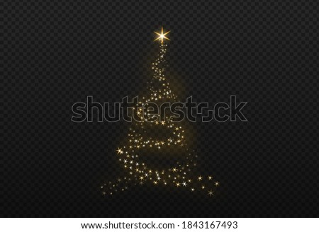 Christmas tree gold bokeh glitter particles isolate on png or transparent  background with sparkling  snow, star light  fo , New Year, Birthdays, Special event, luxury card,  rich style.  