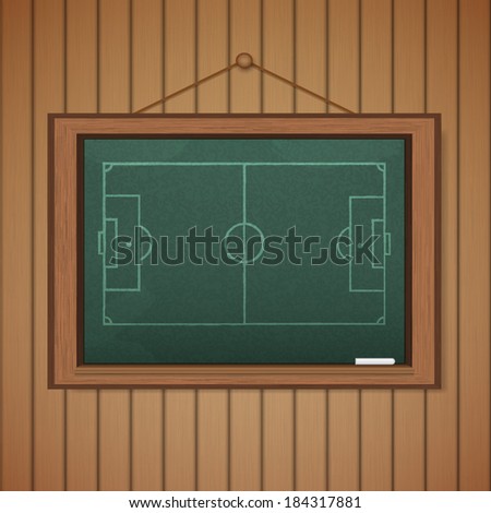 Realistic blackboard on wooden background drawing a Stadium soccer
