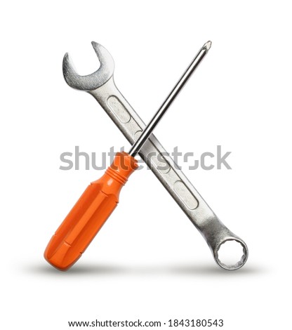 Realistic DIY mechanic hand tools crossed for get the job done concept, isolated on white background Royalty-Free Stock Photo #1843180543