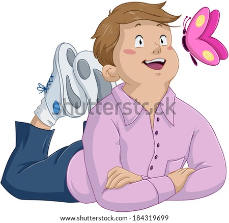 Vector illustration of an innocent boy laying and looking at butterfly. 