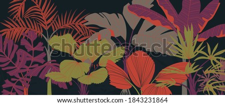 Tropical plant background vector. Floral pattern with golden tropical palm, coconut tree, split-leaf Philodendron plant ,Jungle plants line art on white background.