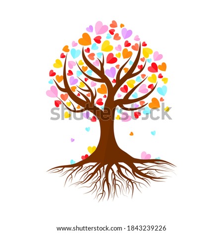 Tree with hearts leaves isolated on white background.