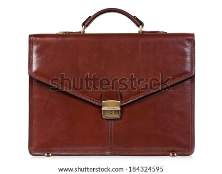 Brown leather briefcase with brass buckle, isolated on white background Royalty-Free Stock Photo #184324595